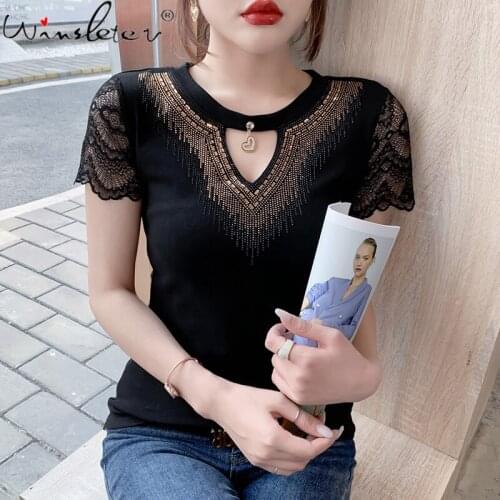 Summer Korean Style Cotton T-Shirt Fashion Sexy Hollow Out Shiny Diamond Chain Women Tops Casual Slim All Match Tee 2021 T14707A