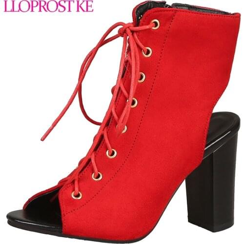 Lloprost ke 2019 Women shoes Summer Open Toe women Boots Casual Faux Suede Ankle Boots Thick High Heels Women Sandals H183