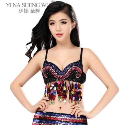 Women Shiny Sequins Tassels Halter Bra Tops Stage Performance Latin Belly Dance Costume Club Party Performance Sexy Crop Tops