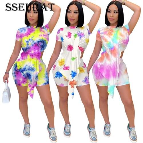SSEURAT Women Casual Set Print Short Sleeve Long T-shirt Sheath Elastic Shorts 2 Piece Sets Female Tracksuits Summer Outfit