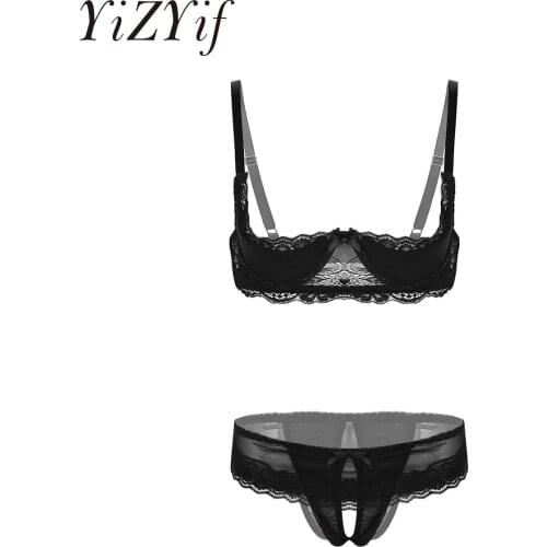 Women Sexy Lace Lingerie Bra Set Transparent Erotic 1/4 Cup Top Bra Crotchless Briefs Push Up Set Underwear Suit Exotic Femenina