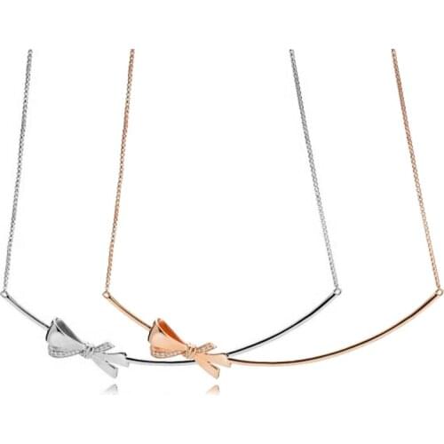 100% 925 Sterling Silver Real Rose & Silver Brilliant Bow With Sliding Clasp Pan Necklace For Fine Bead Charm DIY Jewelry