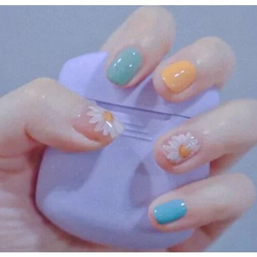 24Pcs Summer Flower False Nails Full Cover French Tips Fake Nails With 24Pcs Glue Sticker Press On Nails Artifical Nails