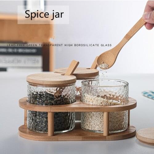 280Ml Seasoning Containers Set Japan Hammered Glass Seasoning Storage Box Kitchen Salt Spice Jar Bag Bamboo Lid Spoon Shelf