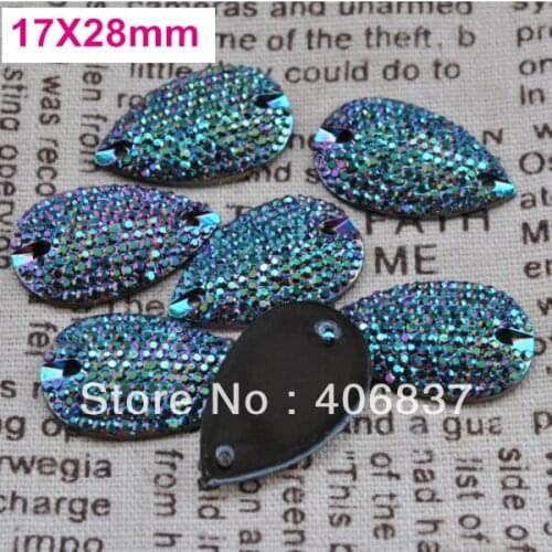 Free Shipping, 50pcs/Lot, 17*28mm Bling-star Metallic Green sew on teardrop flat back resin sew on stones