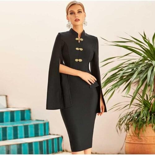 Free Ahipping Wholesale Autumn Womens Clothing Black Long Cloak Sleeve Vogue Celebrity Cocktail Party Bandage Dress