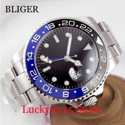 BLIGER Top Quality 40mm Luxury Self Winding Mens Watch With Auto Date With Black Blue Bezel Sapphire Glass