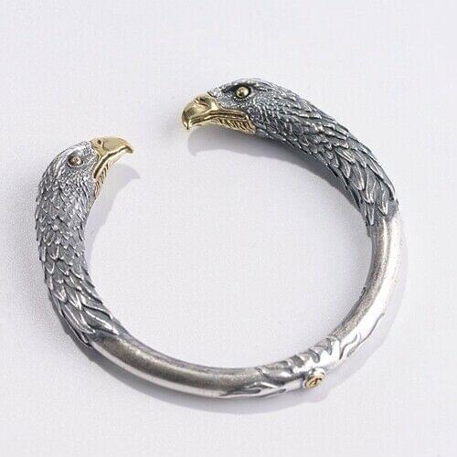 Real 990 Sterling Pure Silver Cuff Bracelet Two Hawk Heads Open A5211