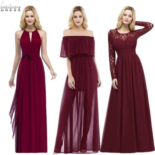 Fast Ship Burgundy Chiffon Wedding Party Dress Long Elegant Bridesmaid Dress Prom Gowns Maid Of Honor Vestido de Festa