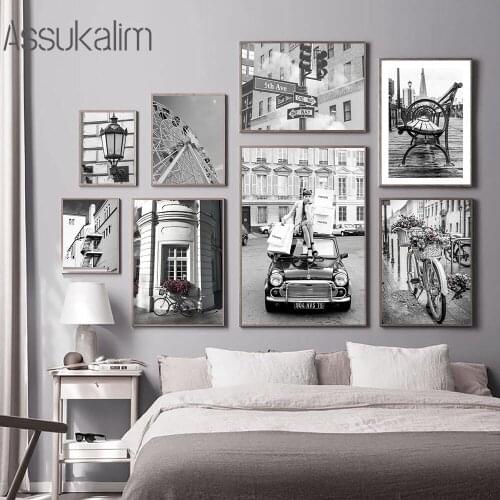 Black And White City Photography Canvas Poster Road Sign Painting Ferris Wheel Print Modern Wall Paintings For Living Room Decor