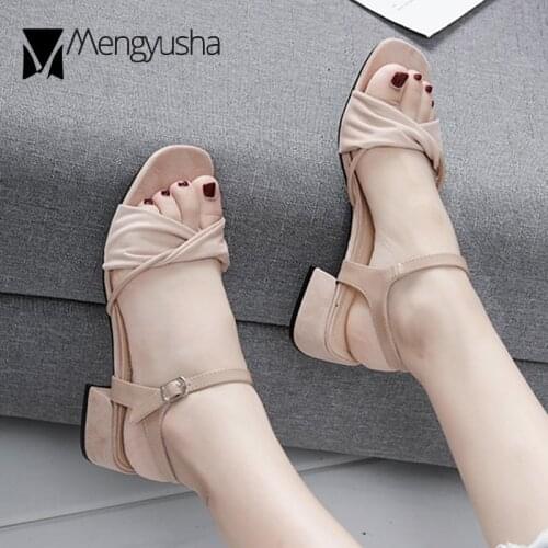 Korean Solid twistknot band flock gladiator sandals woman chunky med heels shoes women slingback buckle band sandalias femme2020