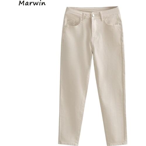 Marwin 2021 New-Coming Spring Solid Thin Ankle-Length Elastic Simple Apricot Jeans High Street Style Women Pants