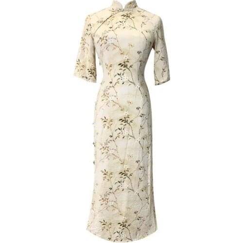 Elegant Women Flower Cheongsam Summer New Short Sleeve Party Dress Slim Sexy Vintage Qipao Vestidos Noble Ladies Evening Gown