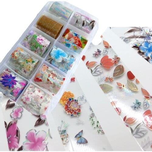 Nail Art Foil Paper Bundle / Floral /10 Designs / 10 Pieces in 1 Box Nail Art Transfer Foil Stickers 3D Decals Manicure Tip Tool