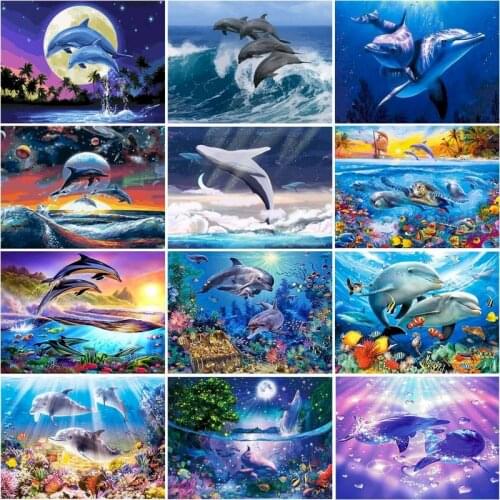 Gatyztory DIY Oil Painting By Numbers Animal Home Living Room Art Craft Coloring By Numbers Dolphins Picture Handcraft Painting