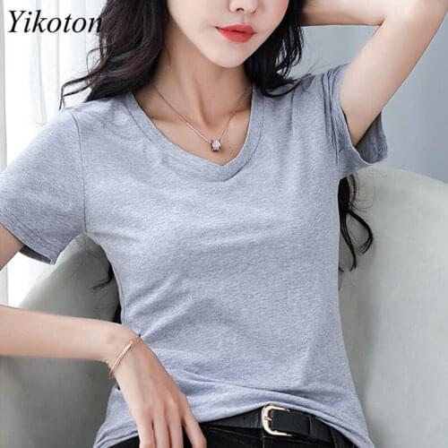 Harajuku Summer Women T-Shirts Female Top Casual Solid High Elasticity Short Sleeve Basic T Shirt V-Neck Shirts Ladies Tee Tops