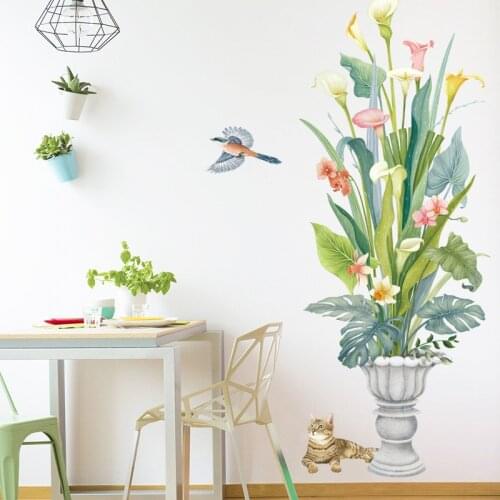 Chinese Style Lily Vase Wall Sticker DIY Fresh Green Life Art Decal Door Wall Decoration for Living Room Kitchen Home Decor Mura