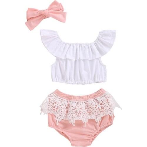 Fashion Toddler Kids Summer Newborn Baby Girl Outfits Ruffle Top Shirt Pants Shorts Headband Set 3pcs Set 0-18 Months