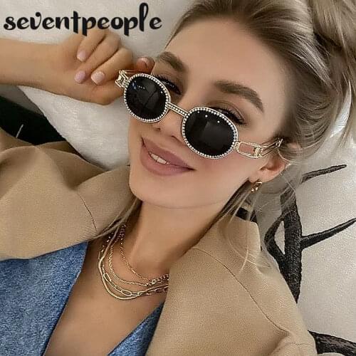 Fashion Retro Rhinestone Round Sunglasses Women Steampunk Diamond Oval Sun Glasses For Female Punk Metal Small Frame Eyeglasses