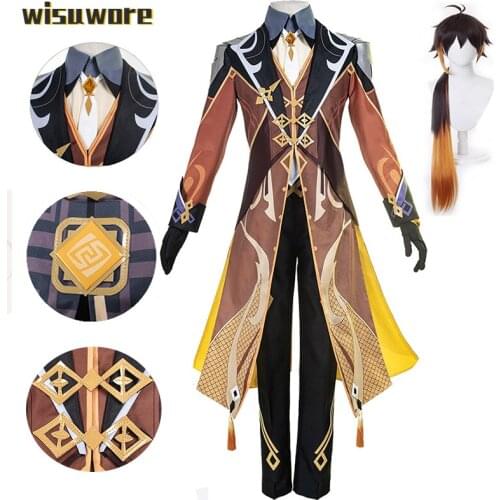 Anime New Hot Geme Genshin Impact Cosplay Zhong Li Cosplay Costumes and Brown Wig Halloween Costumes Zhongli Party Clothes