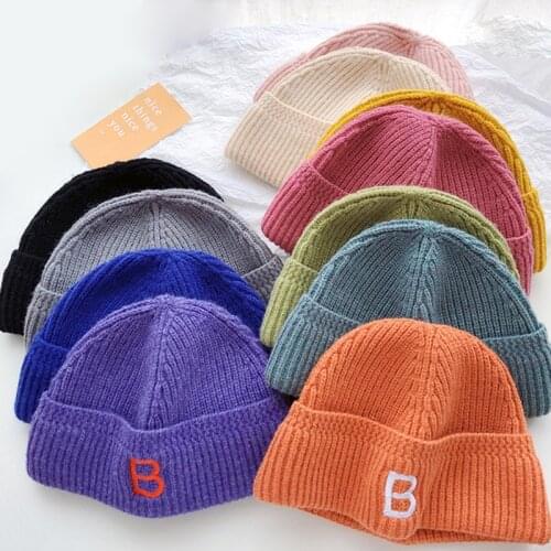 Autumn Winter Thickening Warm Soft Kids Boys Girls Caps Baby Beanies Letter B Embroidery Casual Children Knitted Hats 11 Colors