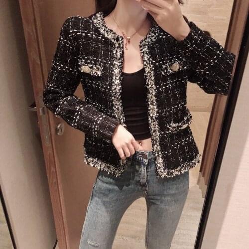 CWBshowGG Autumn New Women Tassel Tweed Plaid Jackets Small Fragrance Long Sleeve Vintage Elegant Black Coats Outerwear