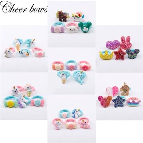 Cheer Bows 5pcs Hair Accessories Kids Hair Bands Unicorn Candy Shamrock Hair Scrunchies Nylon Elastic Hair Rope Kawaii Headwear