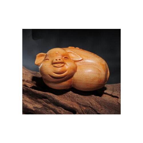 Hand Carved Wooden Smile Pig Farm Statue Folk Art Decor Crafted Wood Piggy