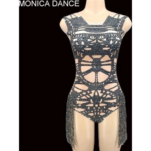 Sexy Stage Rhinestone Sleeveless Stretch Women Bodysuits Glistening Crystal Tassel Jumpsuits Nightclub Costumes Stage Wear