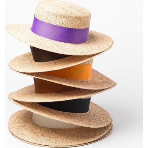 New Fashion Straw Hat for Women Men Flat Top Ribbon Band Wide Brim Summer Hat Boater Beach Sun Cap Derby Wedding Church Fedoras