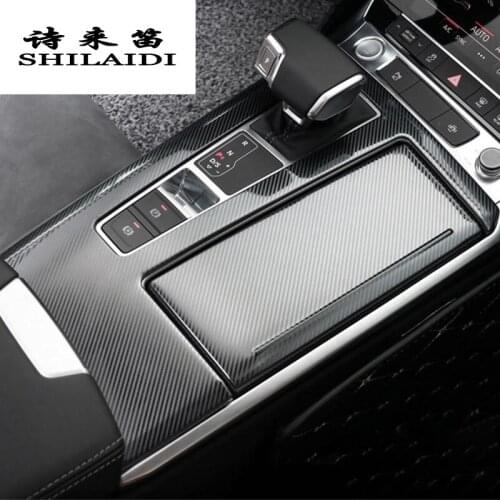 Car styling Carbon fiber Water Cup Holder Gears button Gear panel Cover Stickers Trim for Audi A6 2019 Interior auto Accessories