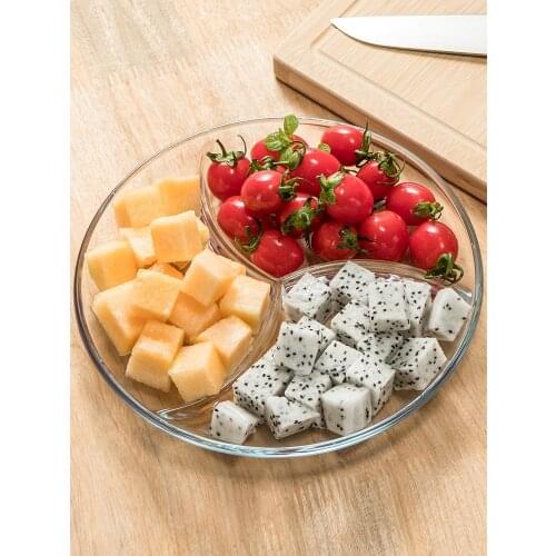Tempered glass three-cell plate breakfast tableware divider plate divider plate household fruit plate multi-function side dish