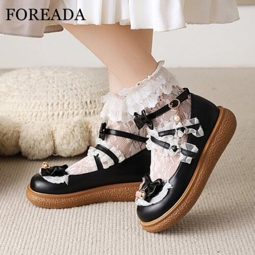 FOREADA Women Ankle Strap Lolita Shoes Flats Platform Round Toe Shoes Bow Buckle Lace Female Footwear Autumn Black Beige Pink 43