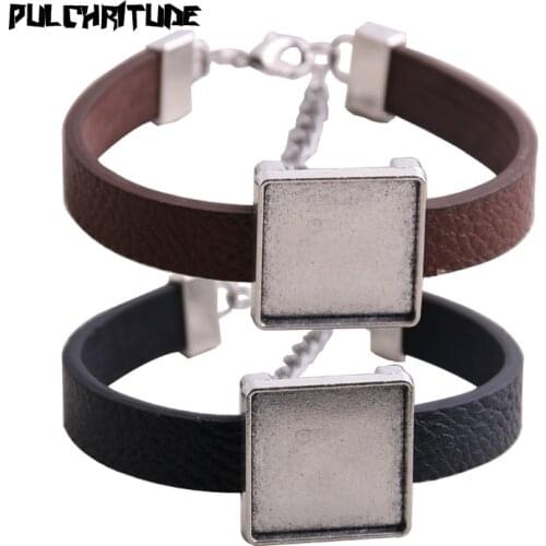 1pcs PU Bangles Base Setting Cuff Blank Trays Brazel Fit 20mm Glass Cameo Dome Square Cabochon DIY Bracelet Jewelry Making P6713