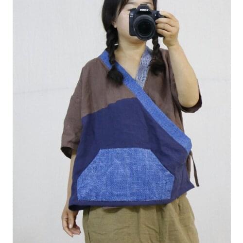 Women Linen Patchwork Retro Jackets Ladies Summer Contrast Color Spliced V Neck Coat Outerwear Female 2021 Coat