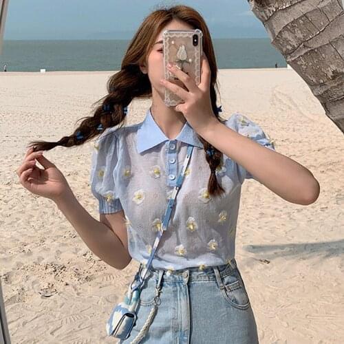 Lady Polo Collar Puff Short Sleeve Knitted Top Harajuku Chic Streetwear Women Blue Sweet 3D Floral Knit T Shirt 2021 Summer