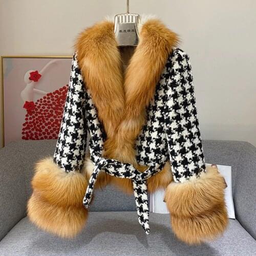 FURSARCAR 2021 Winter Womens Jacket Houndstooth Short Cotton Coat Natural Fox Fur Jackets With Fox Fur Collar Fashion Outwear