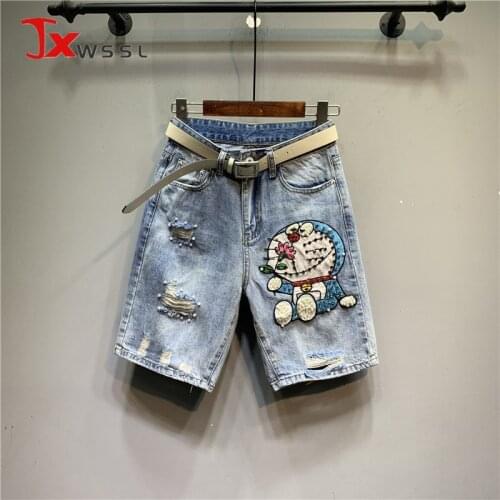 Five point Denim Shorts Women Summer Fashion Embroidery Diamond Beaded Jingle cat Straight-leg Pants High quality Jeans Shorts