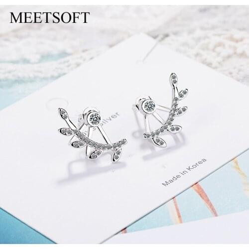 MEETSOFT 925 Sterling Silver Prevent Allergy Stud Earrings for Women Design Trendy Small Leaf Removable Jewelry Gift