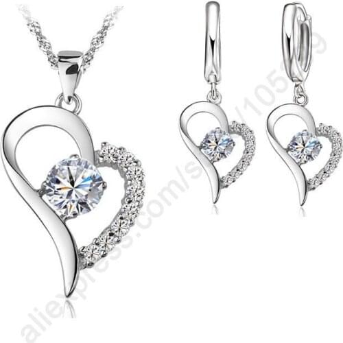Women Love Heart Jewelry Sets 925 Sterlng Silver Cubic Zircon Heart Shaped Pendant Necklace Earrings Set for Wedding Party