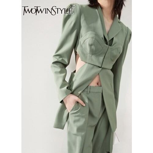 TWOTWINSTYLE Sexy Hollow out Slim Blazer Women Long Sleeve Patchwork Blazers Tops Female Fashion Clothes 2021 Autumn New