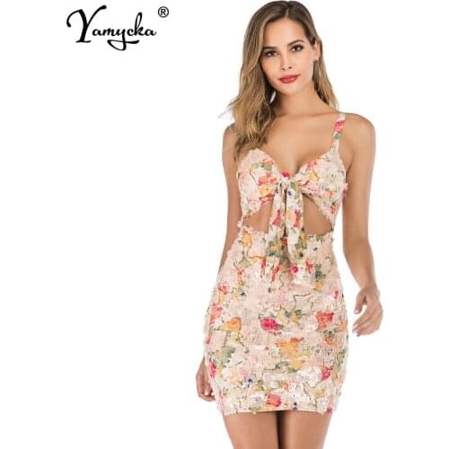 Sexy floral Sequins summer Midi dress women bandage Backless wrap club party dress elegant bodycon vintage dresses vestidos New