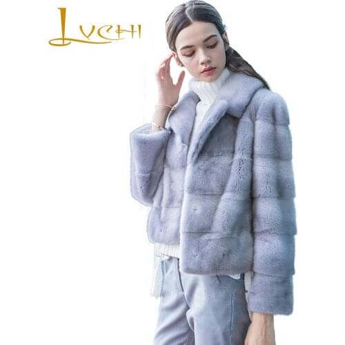 LVCHI Winter 2019 Real Mink Fur Coats Womens Black Mink Turn-Down Collar Coat Full Pelt Causal Short Slim Lady Loss Mink Coats