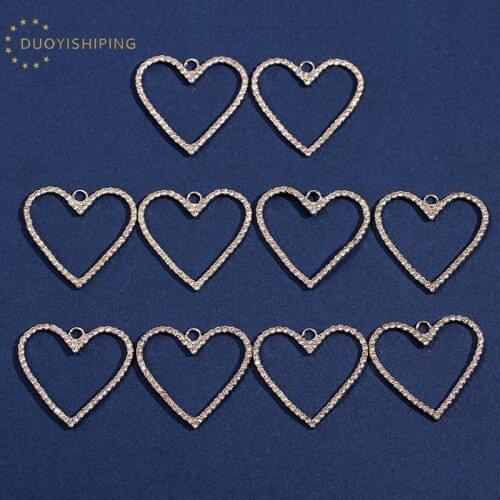 10Pcs Heart Shape Charms Rhinestone Hollow Mini Love Pendant For Necklace Earrings Handmade Accessory Jewelry Making Components