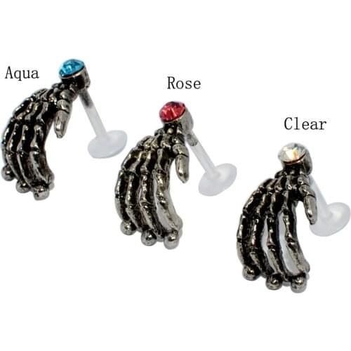 16g 1Pc CZ Gem Skull Hand Bioplast Flexible Labret Monore Lip Ring Ear Stud Tragus Cartilage Helix Earring Piercing Jewelry