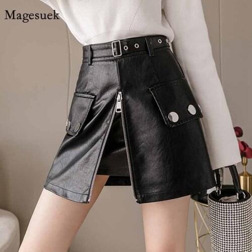 2020 New Trendy Fashion High Waist Front Zipper Pu Leather Women Skirt Split Short Solid Black Skirt A-line Leather Skirt 12130