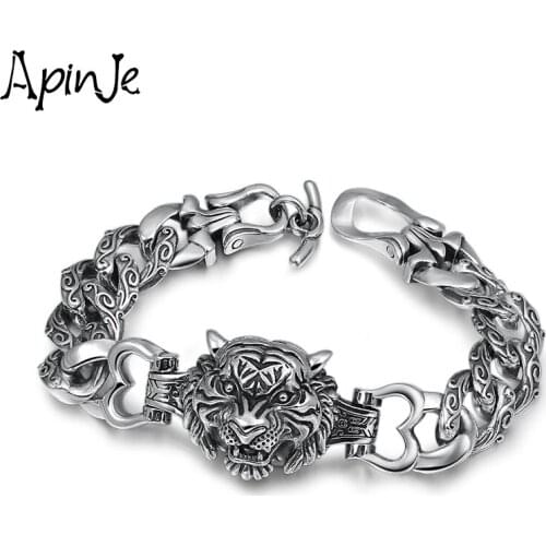 Apinje Vintage 925 Sterling Silver Bracelet Male Animal Tiger Heavy Bracele Fashion Retro Hip Hop Punk Jewelry