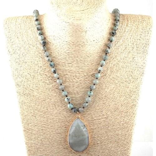 Free Shipping Fashion Bohemian Tribal Jewelry Semi Precious Stoneslong Knotted Natural Stone Pendant Ethnic Necklace