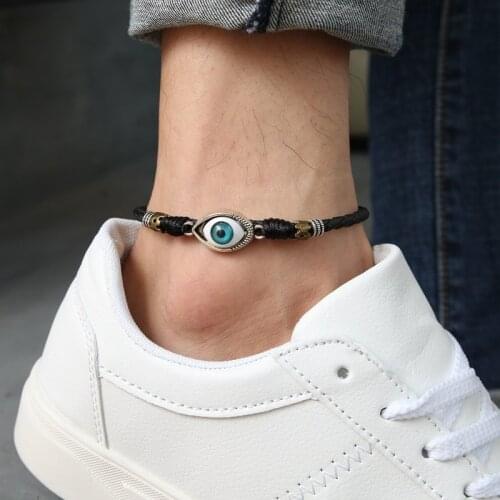 Black leather evil eye anklet for men boys student punk red color