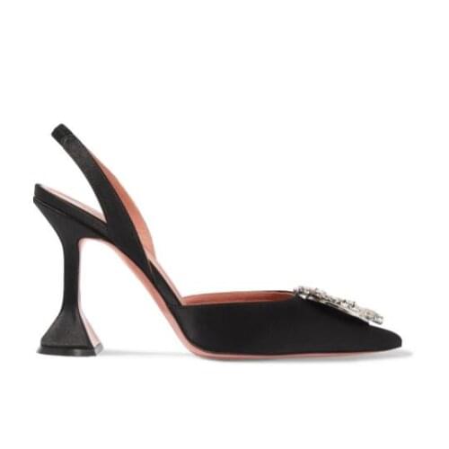 Black Begum Crystal-embellished Satin Slingback Pumps Begum Pointed Toe Crystal Flared Heel Shoes